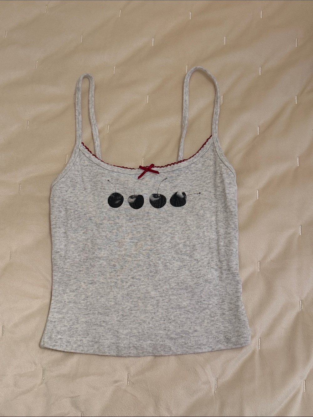 Garage Gray Camisole with Black Fruit Print and Red Trim